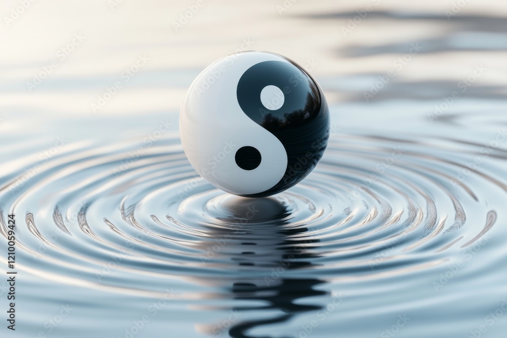 Poster A 3D-rendered yin yang symbol floating above a serene pond, with its surface reflecting ripples of light and shadow