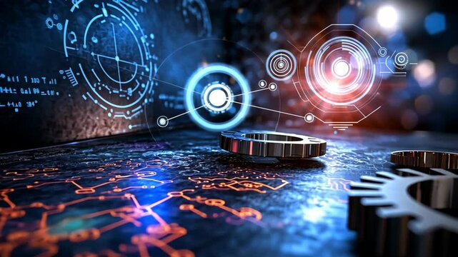  abstract background innovative futuristic technology or business management concept, gears with neon light and complex equation mathematic background