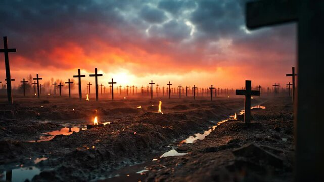 many cross on graveyard ground with burning light flare, losses in war concept	
