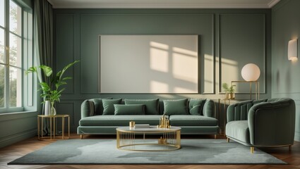 Elegant green living room with a large sofa, armchair, and coffee table.  Sunlight streams through a window, illuminating the space.