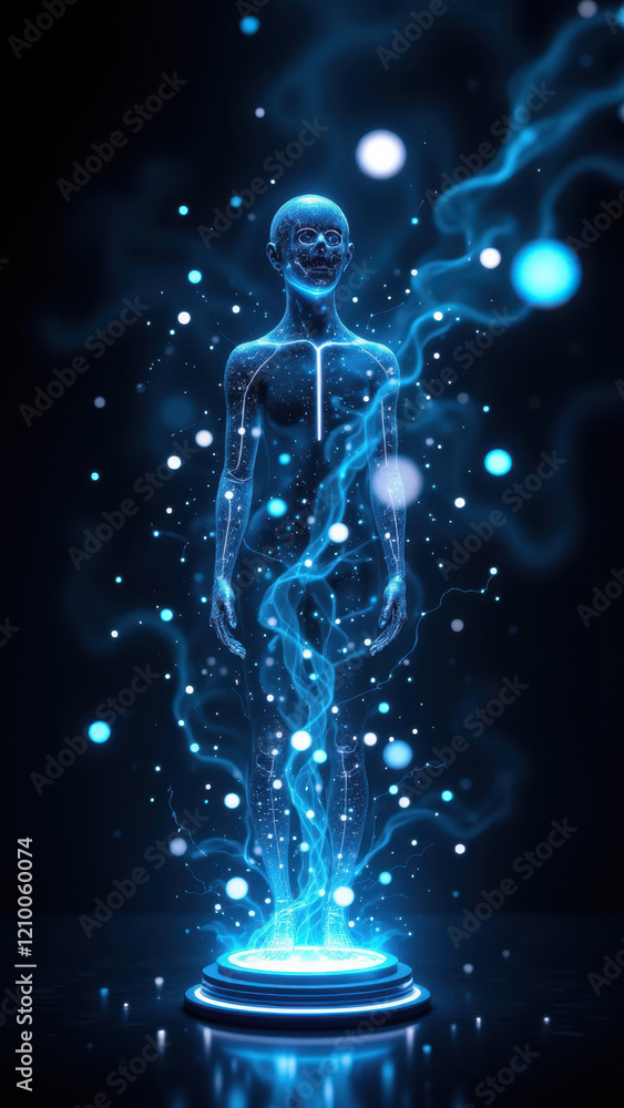 Poster a futuristic representation of artificial intelligence with a humanoid figure emanating light and en