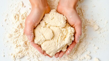 Hands Holding Freshly Kneaded Dough Surrounded by Flour Mess