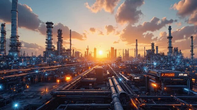 Refining Petrochemical Industry Sunset Refinery: Massive industrial complex at sunset, showcasing petroleum refining processes.