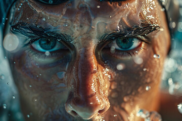 Boy swimmer wearing a red cap, performing a freestyle stroke in a swimming pool generative AI