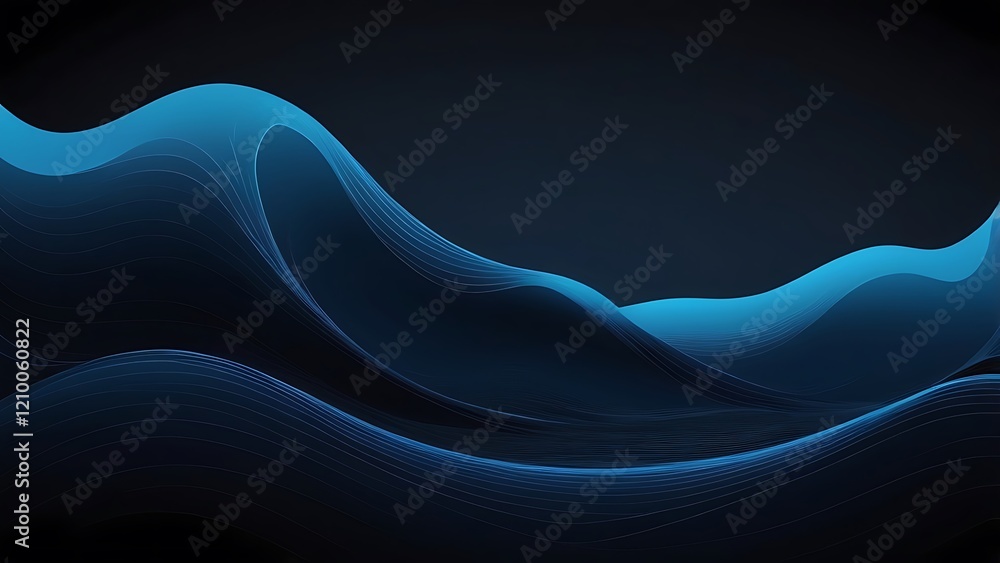 Poster abstract blue wave pattern for business use with flowing curved lines and dark background