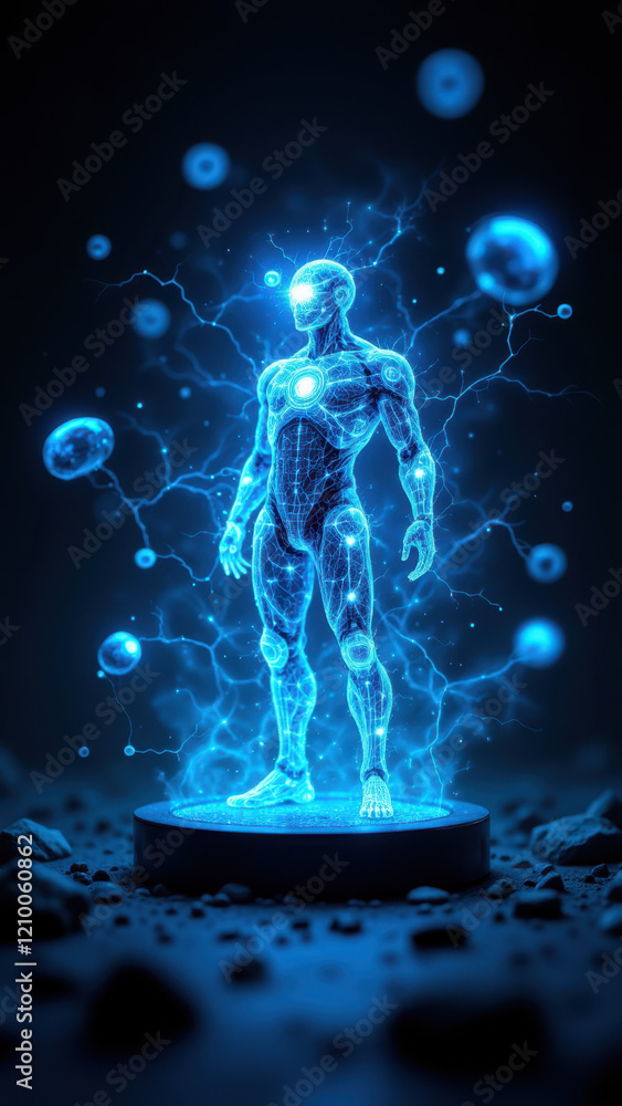 Poster a futuristic ai entity with glowing blue energy emanating from its form against a space backdrop.