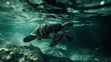 Fototapeta premium Sea Turtle Underwater Ocean Wildlife Swimming in the Deep Green Sea