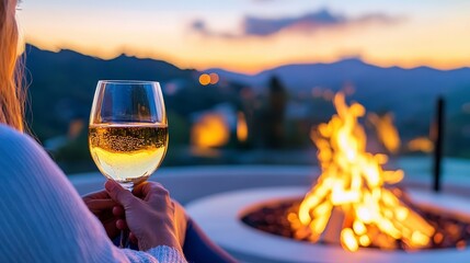 Enjoying a Glass of Wine by a Cozy Fire at Sunset