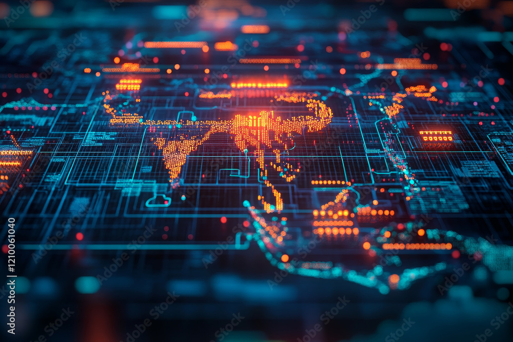 Poster abstract digital map of asia with glowing data points