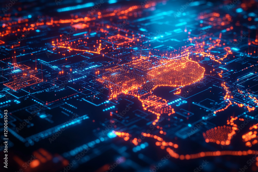 Poster digital map of asia with glowing data points and connections