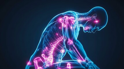 Animated x-ray concept showing a human body with highlighted neon areas representing acute abdominal pain