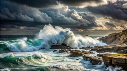 Obraz premium Ocean wave crashing against rocky shore amidst stormy weather with dark grey clouds above, rough seas, rugged coast