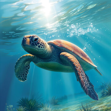Majestic Sea Turtle Swimming in Clear Blue Ocean