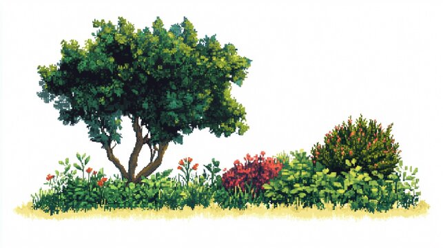 Pixelated videogame scene with bushes, plants, and tree for retro gaming enthusiasts