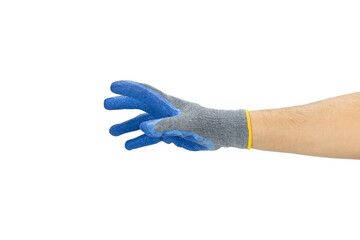 A man's hand in blue work glove reaches for something or holds something, fingers wide open....