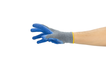 A man's hand in blue work glove reaches for something or holds something, fingers wide open. Isolate on a white background with clipping path.