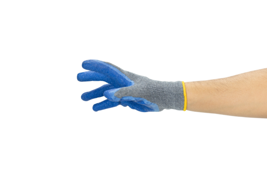 A man's hand in blue work glove reaches for something or holds something, fingers wide open. Isolate on a white background with clipping path.