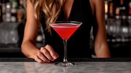 Red cocktail on marble countertop made by female bartender