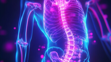 Digital x-ray animation with bright neon highlights depicting the exact location of abdominal discomfort