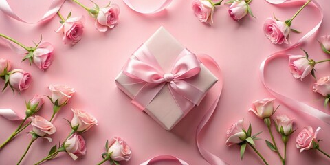 A delicately wrapped present, adorned with a lovely pink ribbon, rests amidst a charming arrangement of pink roses, creating a scene of elegant simplicity and refined beauty.