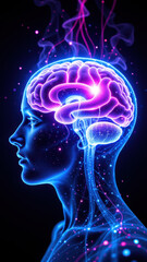 Obraz premium A digital art illustration of a human head with a glowing brain, depicting AI technology or cognitive intelligence.