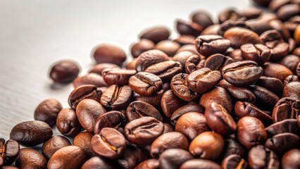 Fototapeta premium Aromatic Roasted Coffee Beans Close-Up Image Showing Rich Brown Hues and Detailed Textures of the Beans on a Light Surface