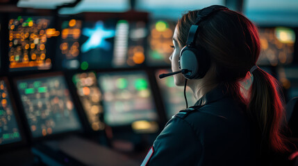 Female air traffic dispatcher in control room