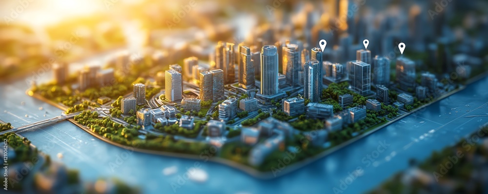 Poster digital map of a miniature city model with location markers highlighting key points, showcasing a mo