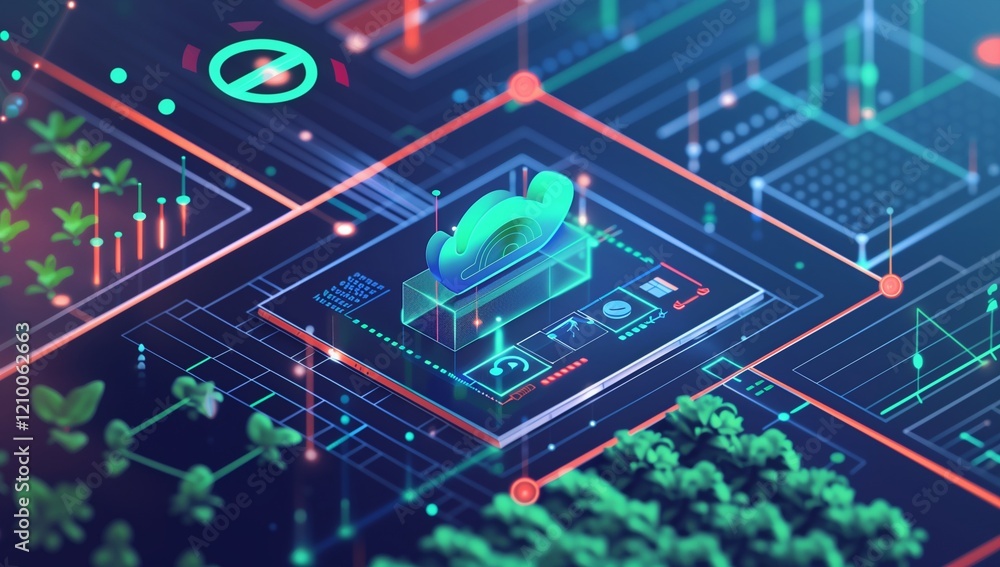 Poster digital illustration of an abstract cloud technology platform with circuit lines and data flow visua