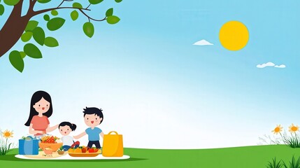 Naklejka premium Family Enjoying a Sunny Day with Fresh Fruits and Vegetables in Park