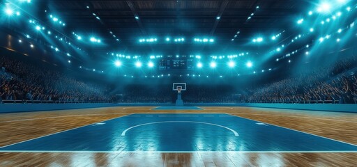 Low wide angle view of basketball court with blue accents, surrounded by a cheering crowd, under intense stadium lighting