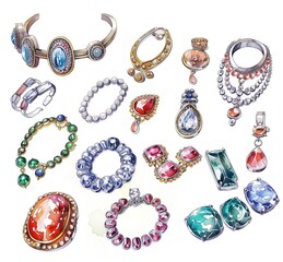 A watercolor, realistic, detailed illustration of various, differently colored jewelry, on a white background.