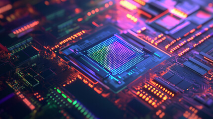 Fototapeta premium Vibrant circuit board features a colorful design with neon lights and intricate patterns, illustrating modern technology and electronic innovation.