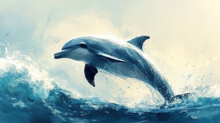 Fototapeta premium Dolphin leaping ocean waves sunrise; marine wildlife art