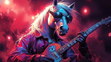 Cool horse rockstar plays guitar on stage, red lights