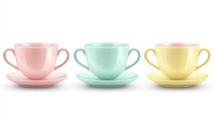 Cute Pastel Teacups in Pink, Yellow, and Teal on White Background for Charming Clip Art or Vector Design Projects
