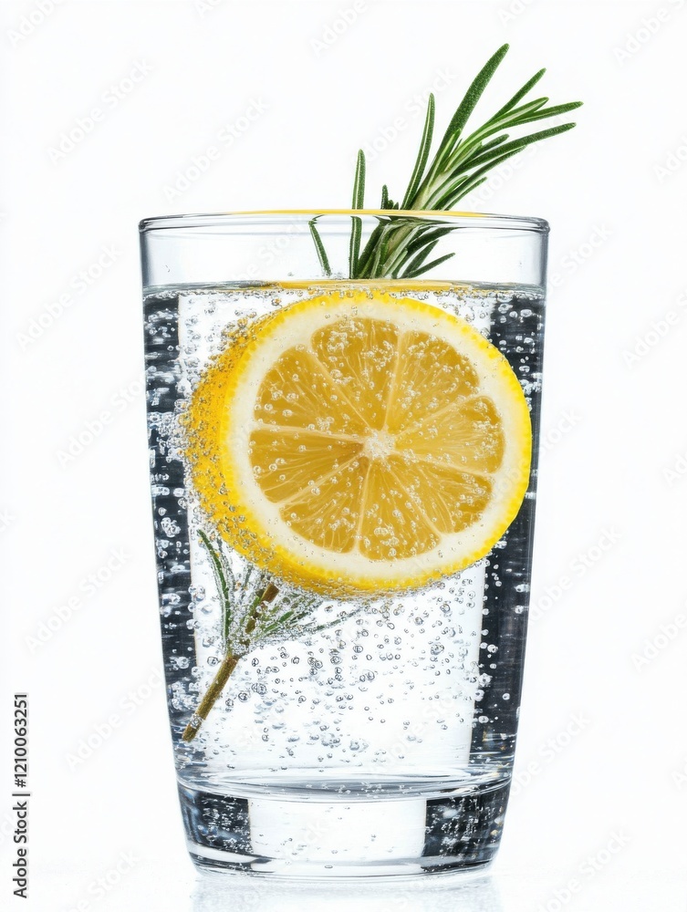 Aufkleber refreshing close-up of citrus-infused sparkling water with lemon slice and rosemary in a clear glass