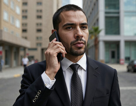 Social network. Hispanic business man with phone at office building. Businessman using phone. Man director phone conversation in city. Businessman talking on phone. Businessman in front office