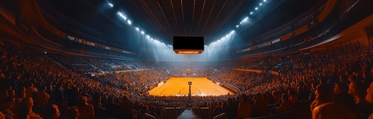 Wide angle view of basketball arena with large crowd filling stands, with vibrant orange lighting. Game on