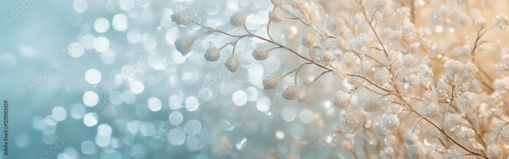 Aufkleber Delicate flowers captured against an ethereal icy gradient background with shimmering bokeh effects in soft tones