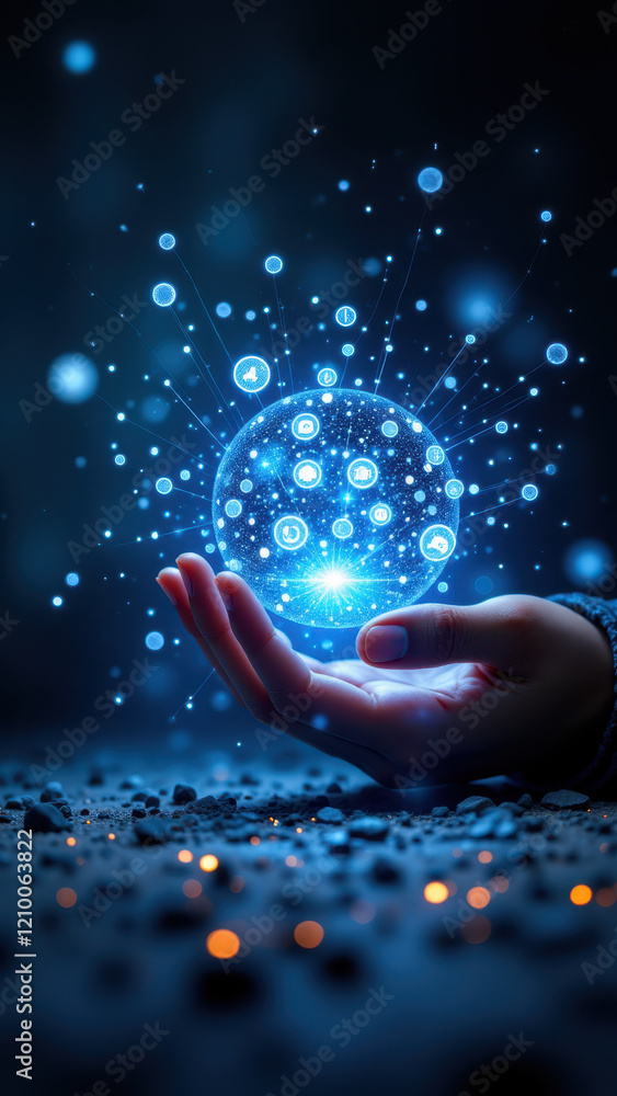 Poster a human hand gently cradling a glowing sphere with intricate digital patterns, symbolizing artificia