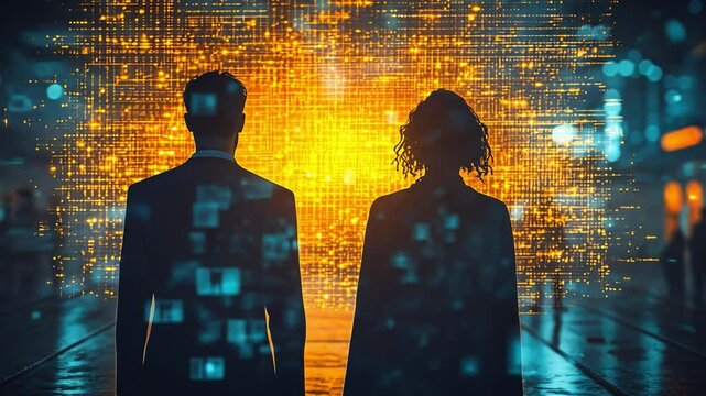 Digital Future: Silhouettes of a man and woman stand before a vibrant, glowing digital landscape, symbolizing innovation, technology, and the boundless potential of the future.  