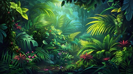 A lush green jungle scene with dense foliage, vibrant flowers, and sunlight filtering through the leaves.