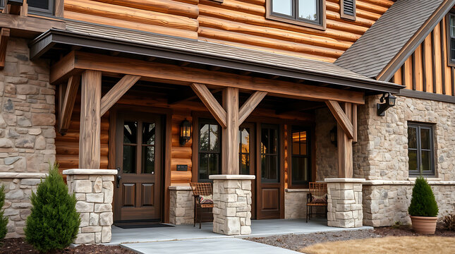 Rustic Log Cabin Home with Stone Exterior and Modern Design.Luxury Real Estate, Architectural Design, Timber Frame, Modern Home