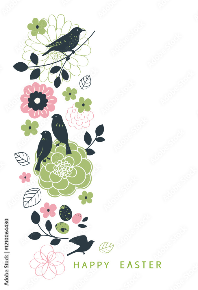 Aufkleber happy easter design template. holiday white background with forest bird sitting on twig on vertical 