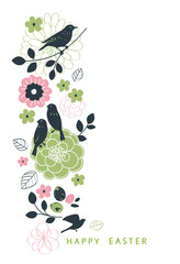 Happy Easter design template. Holiday white background with forest bird sitting on twig on vertical ornament with abstract spring flowers and leaves. Vector stock illustration