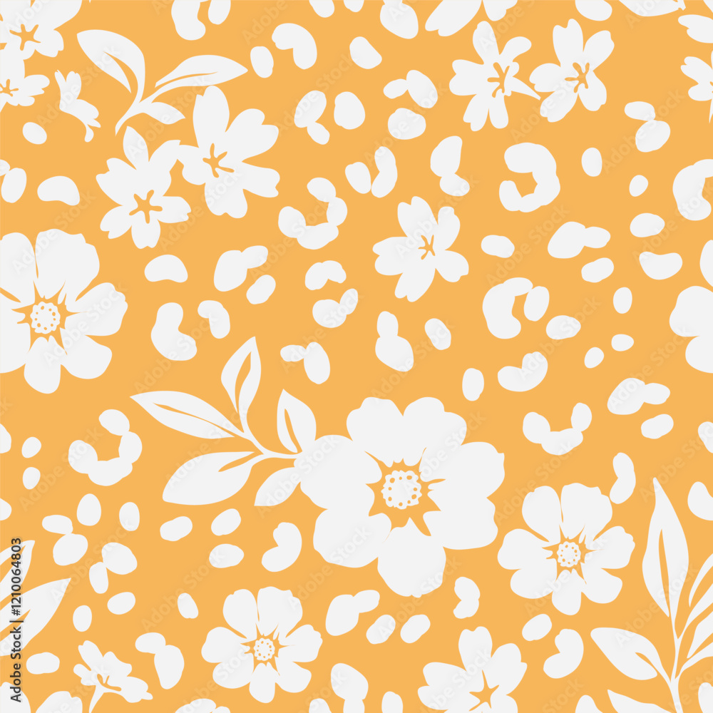 Aufkleber seamless pattern with abstract flower, leaves and leopard print silhouette. yellow background with b
