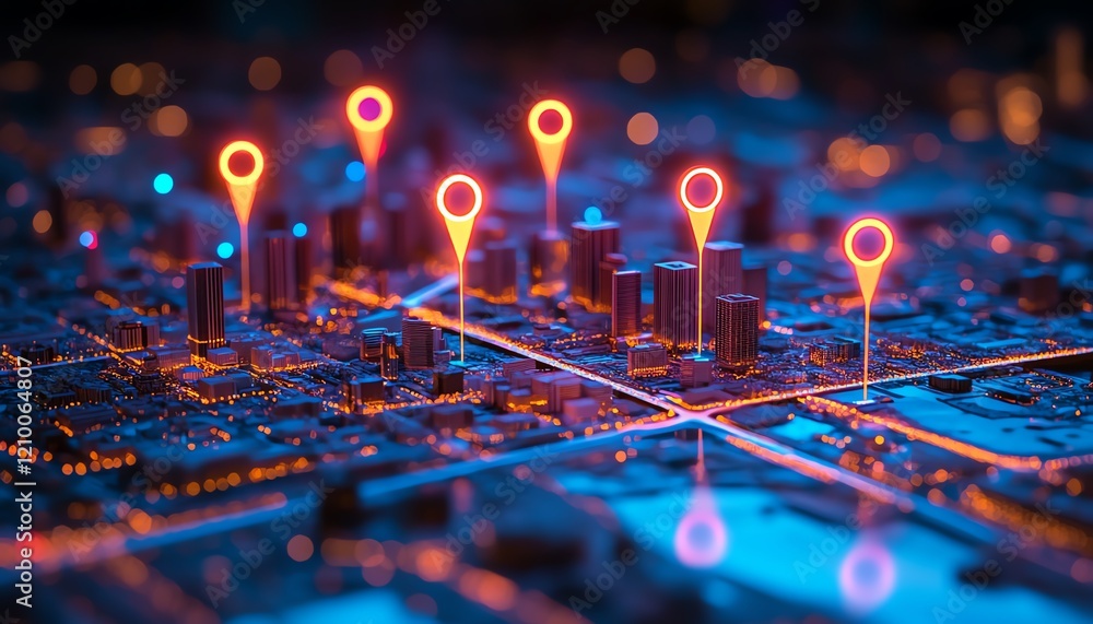 Poster miniature city model on a digital map with glowing location markers highlighting key points, blendin
