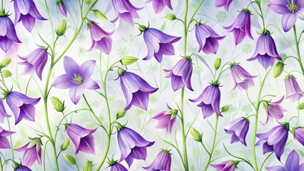 An Abundance of Delicate Purple Bellflowers in Full Bloom, Gracefully Arranged Against a Soft, Light Background, Evoking a Sense of Tranquility and Natural Beauty