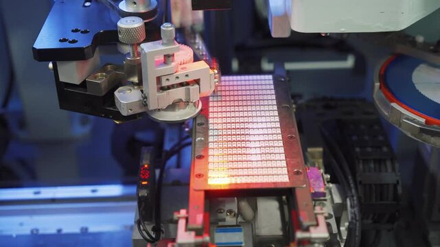 LED lights production, LED panel factory. Lighting equipment production technology. High-tech machine for placing LEDs on panels. The machine automatically places the diode chip on the lighting panel
